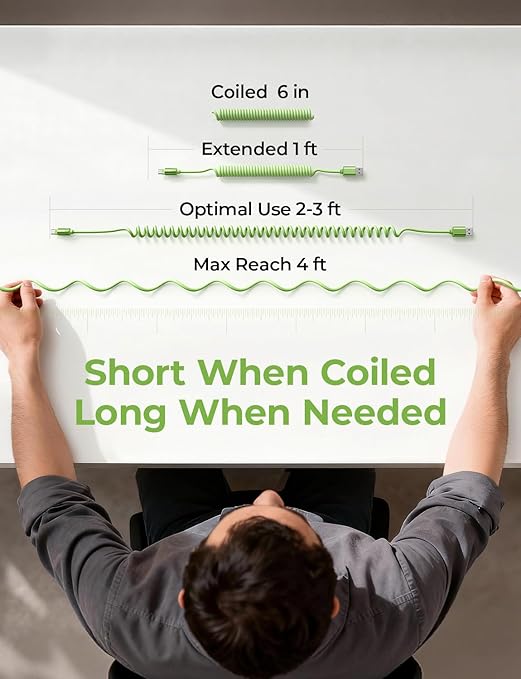 LISEN Coiled USB C Cable, 2 Pack for Android Auto & CarPlay Cable, Short USB A to USB C Cable Compatible with iPhone 17/16/15, Samsung Galaxy S25/S24/S23 A15/A14, Google Pixel 9/8, Green 4FT