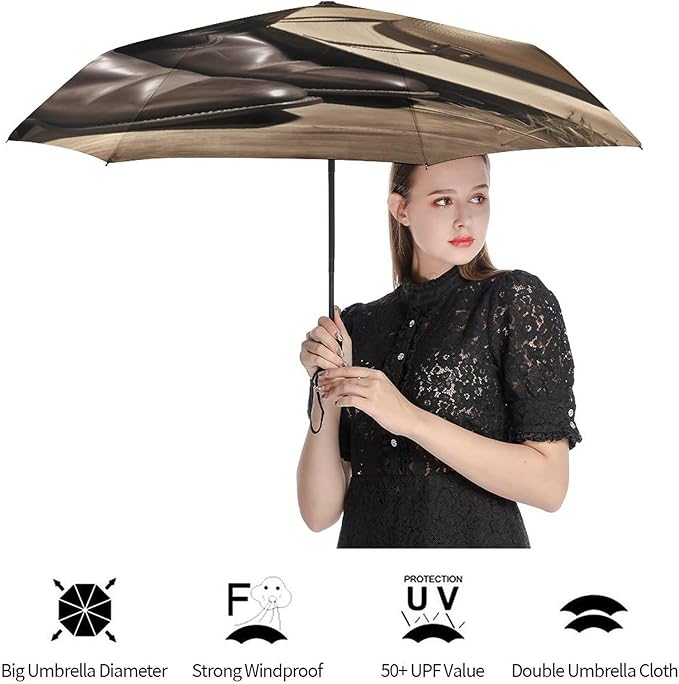 Cowboy Black Hat Western Boots Umbrellas for Rain Portable Travel Umbrellas Lightweight Automatic Windproof Folding Umbrella Compact Outdoor Beach Umbrella for Women, Men