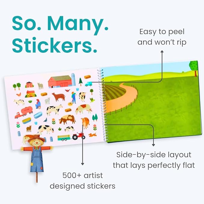 Farm Animal 500+ Kids Sticker Book by Cupkin Toddler Airplane Travel Activity Coloring and Sticker Book, Road Trip Essentials, 12 Coloring Pages 12 Scenes for Ages 2–8 Years
