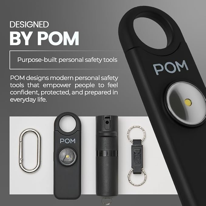 POM Personal Safety Alarm for Women – 130dB Loud Emergency Siren, USB-C Rechargeable with Bright LED Flashlight, Portable Keychain Design for Self Defense, Purse, Backpack & Travel (Black)