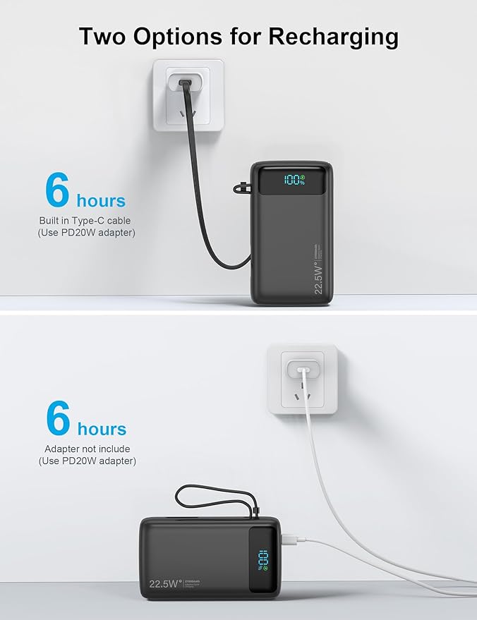 Portable Charger, 27000mAh 22.5W Fast Charging Power Bank with Built-in Cable, USB C Battery Pack with LED Display/Flash Light, Travel Essential External Battery Charger Bank for iPhone Samsung Black