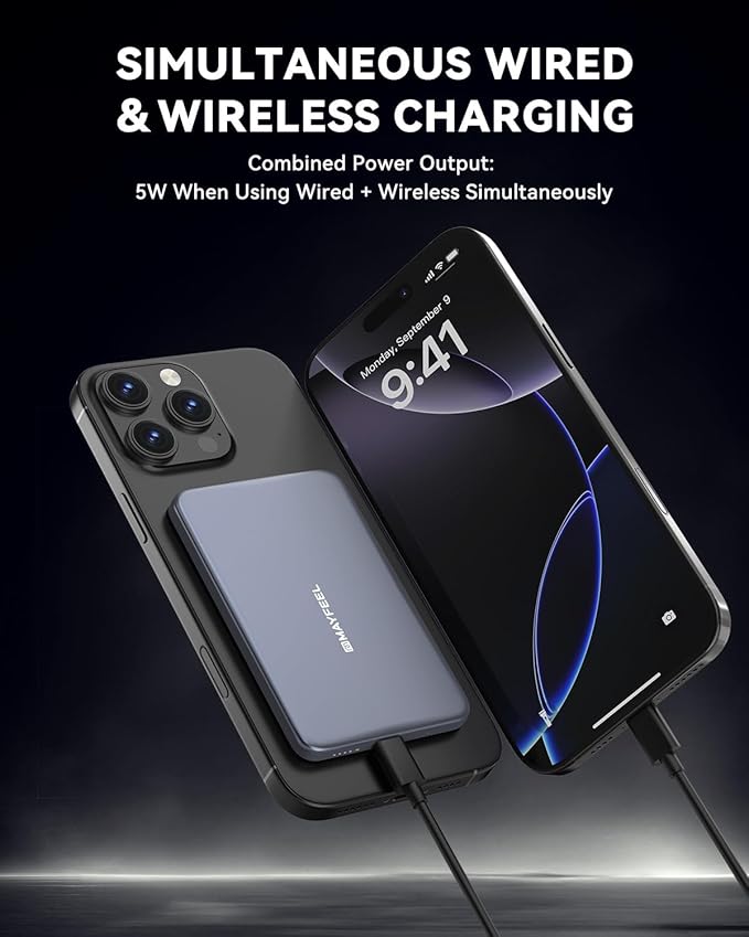 Mayfeel 0.3'' Ultra Slim Magnetic Portable Charger, 5,000mAh Wireless Power Bank with USB-C Cable, Fast Charging Compatible with MagSafe for iPhone 17/16/15/14/13/12