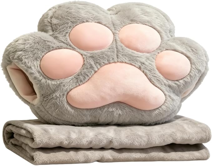 RYOLOY Cat Paw Warm Hand Pillow,with 67 * 39Inch Travel Blanket,3 in 1 Travel Pillow and Blanket Set,for Car Office Camping Essentials.(Grey) (Grey)