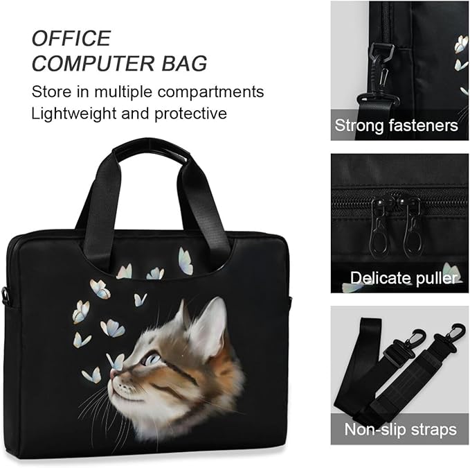 Cute Kitty Cat with Butterfly Laptop Bag Case 13 14 15.6 inch Laptop Messenger Bag Crossbody Briefcase for Men Women with Shoulder Strap Handle