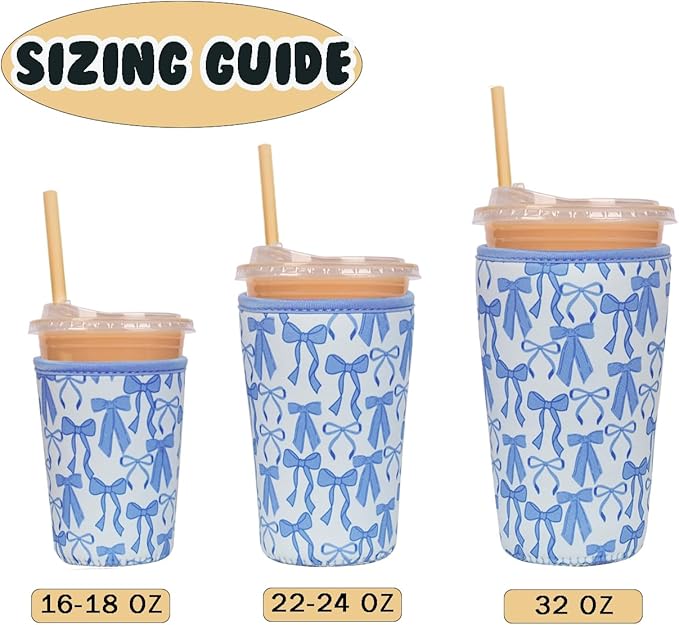 Reusable Insulated Neoprene Iced Coffee Cup Sleeve, Durable Drink Sleeve for Cold Beverages, Beverage Holder for Iced Coffee, Blue Bows