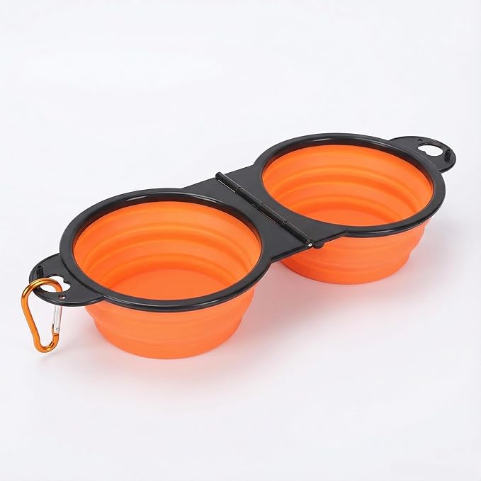 Collapsible Dog Bowls with Carabiner, Double Portable Travel Pet Bowls for Food and Water, Foldable Silicone Dog Bowl for Walking, Hiking, Camping, Small Medium Dogs and Cats,Orange