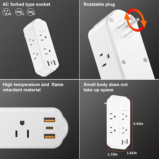 Outlet Extender Surge Protector, 360° Rotating Plug Power Strip with 6 AC Outlets, 3-Sided Space Saving Design, 3 Ports (2 USB-A + 1 USB-C) Multi Plug Expander On/Off Switch for Home, Office, Travel