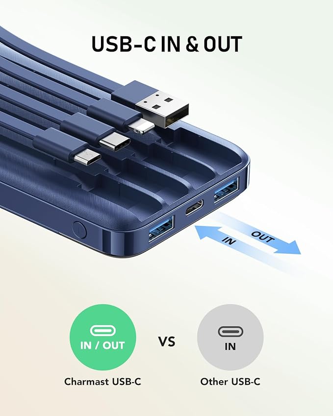 charmast 10000mAh Portable Charger with Built in Cables, 22.5W Travel Essential Power Bank Fast Charging, USB C Battery Pack for iPhone 17/16/15/14/13/12/11 Series, iPad, Samsung, Android, Tablet