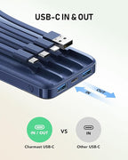charmast 10000mAh Portable Charger with Built in Cables, 22.5W Travel Essential Power Bank Fast Charging, USB C Battery Pack for iPhone 17/16/15/14/13/12/11 Series, iPad, Samsung, Android, Tablet