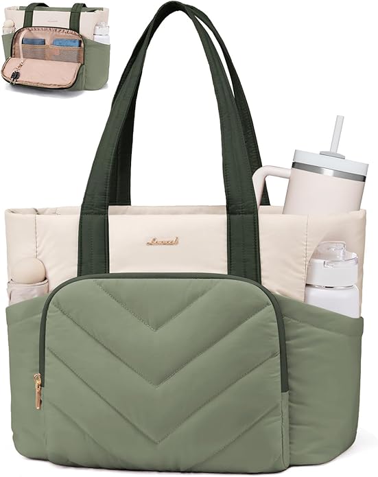 LOVEVOOK Puffer Tote Bag for Women, V-Quilted Puffy Teacher Tote Nurse Bag, Large Shoulder Laptop Purse for Work Travel Gym