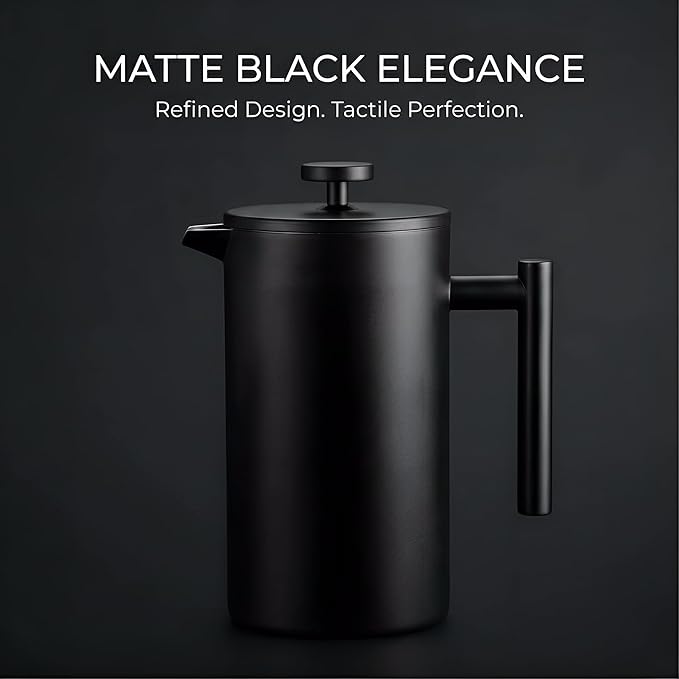 YJX 34oz Coffee Maker, Stainless Steel French Press, 1 Liter Camping Coffee Pot, Tea Maker, 34 Ounce Travel Coffee Presses, Heat Resistant Double Insulated (Black)