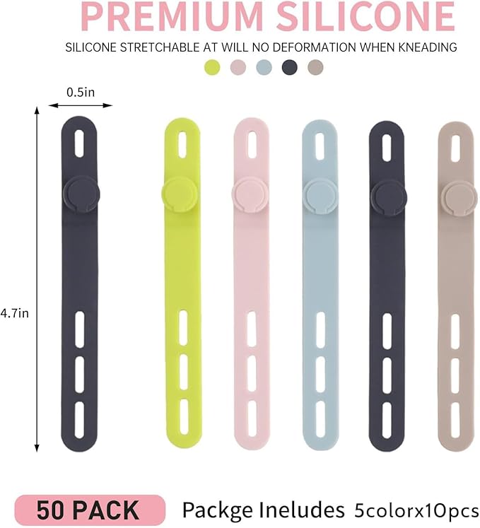 Oligei 50 Pcs Silicone Cable Ties, Cable Ties Reusable, High Elasticity Cord Wraps for Electrical Cords, Cord Organizer for Earphone, Phone Charger(Colorful)