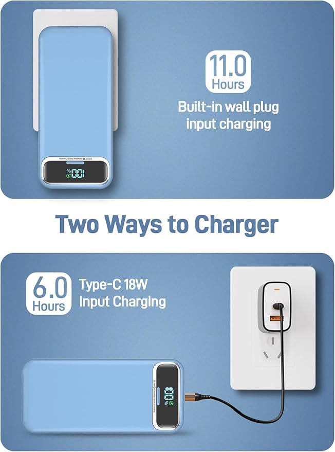 Portable Charger, 20000mAh 22.5W Fast Charging Power Bank with Built-in Cables & Wall Plug, Travel Essential External Battery Pack with LED Display, USB C Battery Phone Charger for iPhone Samsung Blue