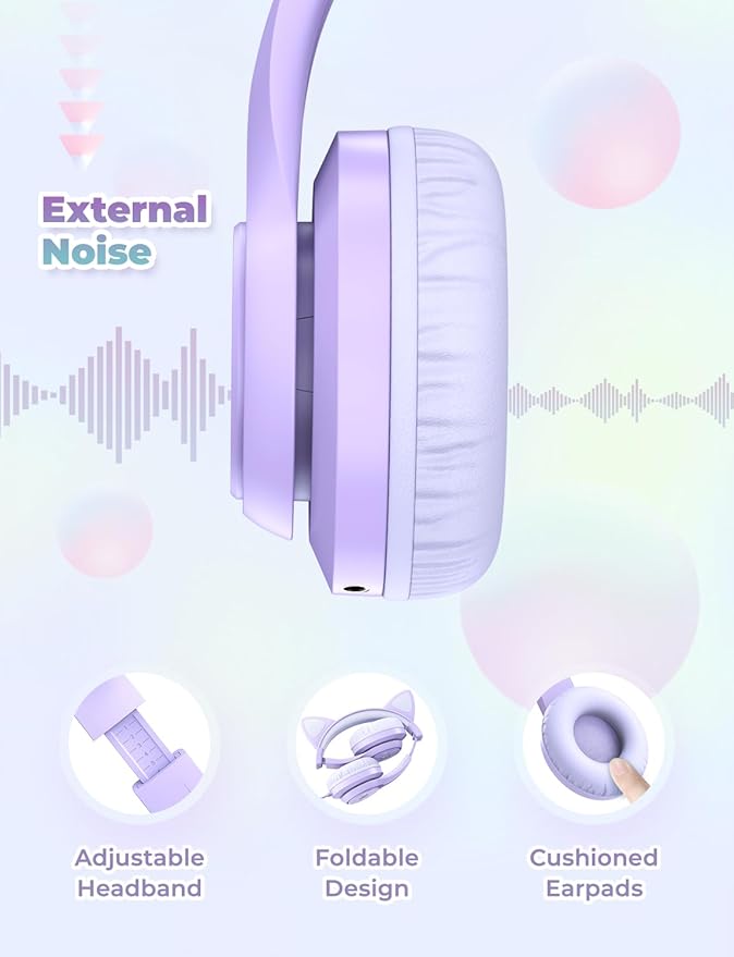 iClever Kids Headphones with Cat Ear Led Light Up, Safe Volume Limite Wired Headphones with FunShare Foldable Over-Ear Headphones for Kids/School/iPad/Tablet/Travel, Meow Donut-Purple