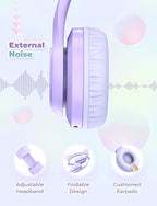 iClever Kids Headphones with Cat Ear Led Light Up, Safe Volume Limite Wired Headphones with FunShare Foldable Over-Ear Headphones for Kids/School/iPad/Tablet/Travel, Meow Donut-Purple
