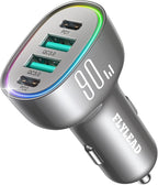 Car Charger USB C, 4 Port 90W Super Fast Charging for iPhone 17 Car Adapter, Dual PD 45W Type C & QC 3.0 USB A Multiport Car Cigarette Lighter Accessories for iPhone 16 15, iPad, Galaxy S26, Titanium