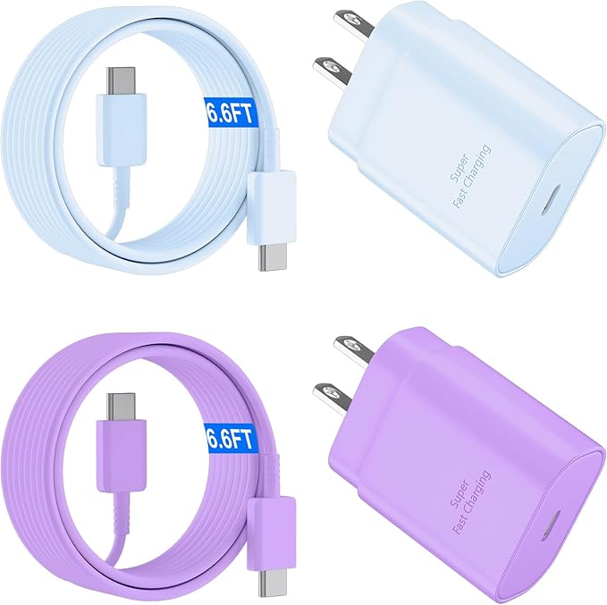 USB C Android Charger Fast Charging Cord, Super Fast Phone Chargers 6.6FT C to C Type Cable with 25W USBC Wall Block for Samsung Galaxy S26 S25 S24 Ultra Plus/S23/S22/S21/S20/Note 20/10, Purple+Blue