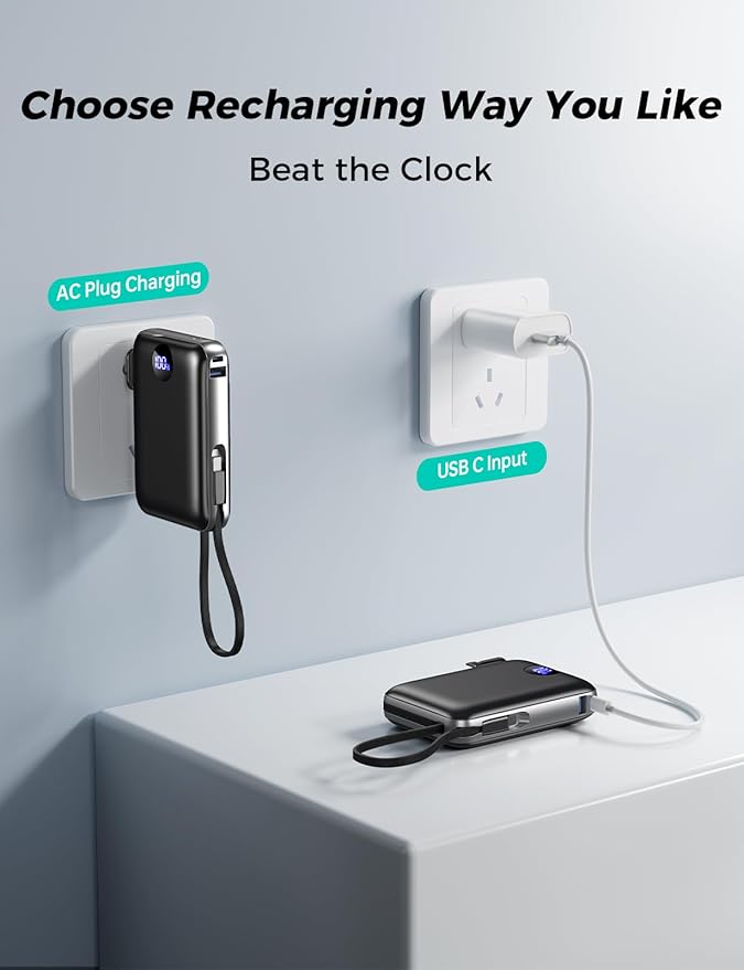 Portable Charger with Built-in Cables & Wall Plug, 10000mAh Power Bank, 4 Outputs 22.5W USB C Fast Charging, Mini Travel Essentials Battery Pack with LED Display for iPhone/iPad/Samsung etc Black