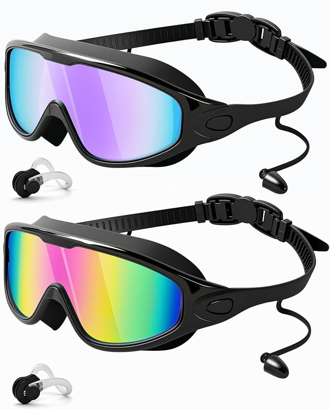 Swim Goggles 2 Pack, Wide View Anti Fog&UV Swimming Goggles for Audlt, No Leak Pool Beach Essentials for Men Women