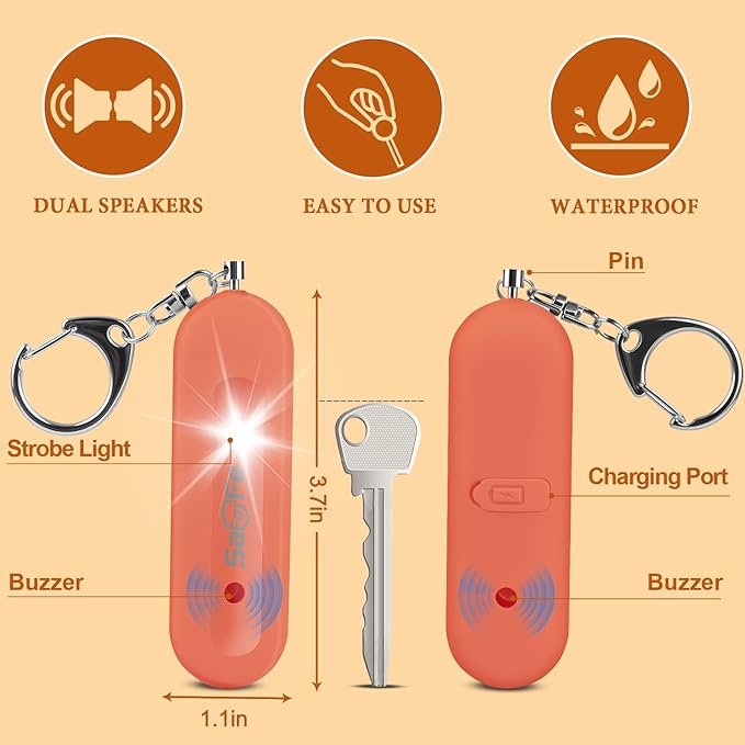 Personal Safety Alarm - Waterproof Rechargeable Security Alarm - 140dB Extra Loud Siren & Strobe Light - Self Defense Keychain - Gift for Women, Teenagers, College Girls, Seniors (Orange)