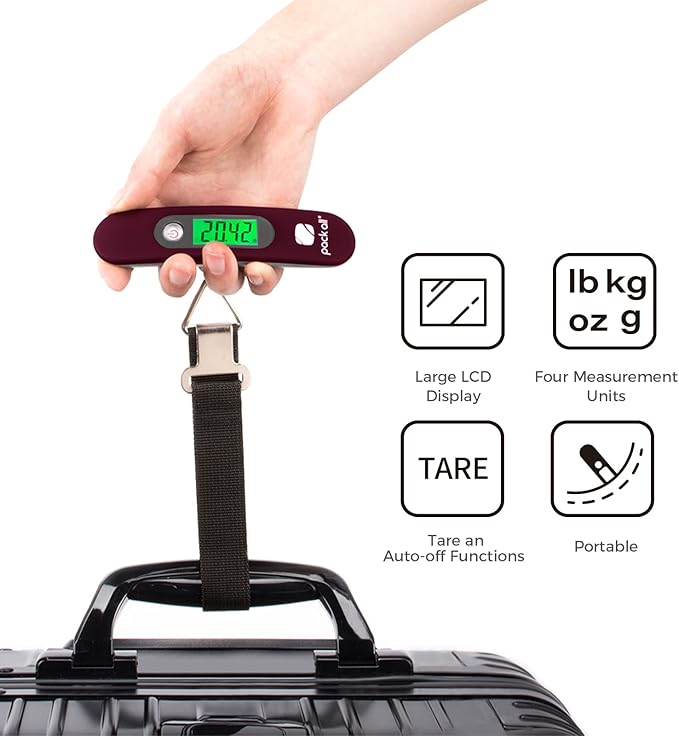 pack all 110 Lbs Luggage Scale, Digital Handheld Luggage Scale, Baggage Scale, Travel Weight Scale for Luggage with Backlit LCD Display, Battery Included, Red