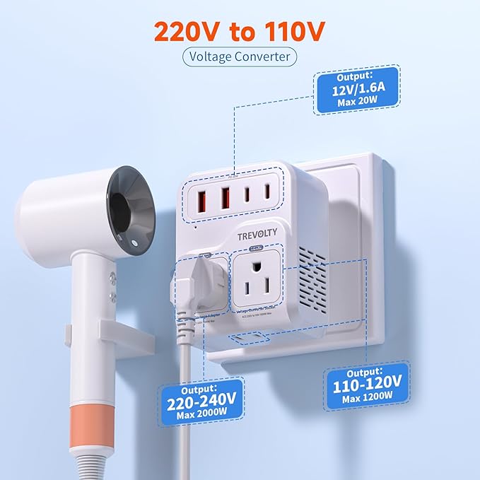 2000W Voltage Converter US to Europe for Hair Dryers, 7-in-1 220V to 110V Converter for European Travel with 3 AC/2 USBA/2 USBC Ports (PD20W)