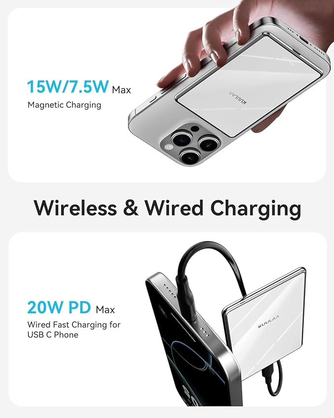 Kuulaa Power Bank Ultra Slim, 0.28 in MagSafe PowerBank 5000 mAh, PD20W Small Power Bank, Magnetic Wireless External Mobile Phone Batteries for iPhone 16 Pro/15/14/13/12 Series (White)