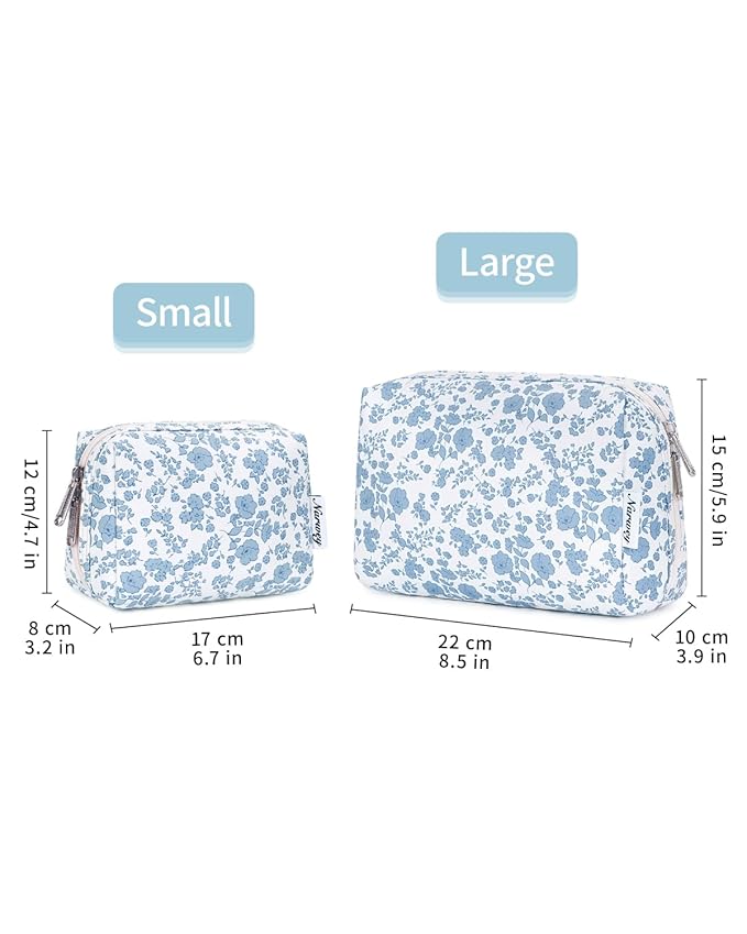 Narwey Cute Floral Makeup Bag Travel Cosmetic Bag Organizer Toiletry Bag Make Up Bags with Organized Pocket for Women Girls (Large,Blue Flower)