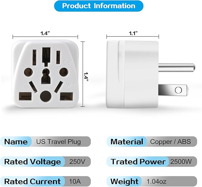 2 Pack US Travel Plug Adapter, EU,UK,AU,in,CN,JP,Asia,Italy,Brazil to USA (Type B), 3 Prong Grounded USA Wall Plug Wall Outlet Power Charger Converter (White)