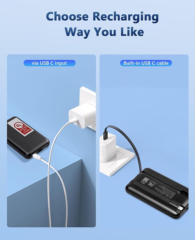 Miady 2-Pack Small Portable Charger UL Listed, 5000mAh Slim Power Bank Built-in 2 Cables Compatible with iPhone 17/16/15/14/13 (Cream Blue+Champagne Pink)