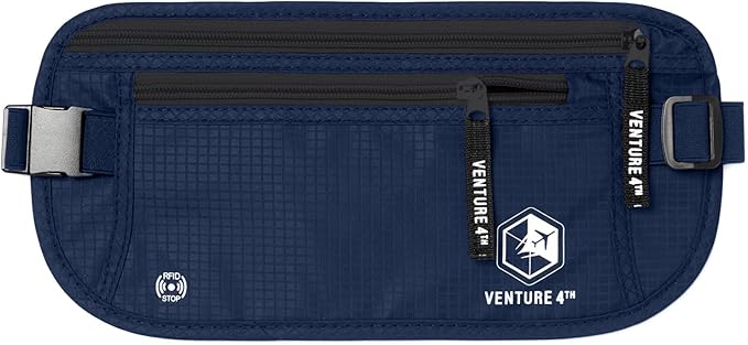 VENTURE 4TH Money Belt for Travel – Slim Hidden Under-Clothes RFID Blocking Anti-Theft Passport Holder & Travel Wallet Pouch for Men & Women to Protect Cash, Cards & Documents (Navy Blue)