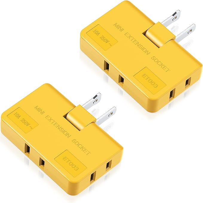 ETwinCoo 3 Way Flat Plug Adapter-2 Prong Swivel Indoor Mini Wall Tap Power Outlet Extender, Rotating Wall Plug (Quick & Space Saving) Perfect for Home, School, Office, Travel, Type A, Yellow (2 Pack)
