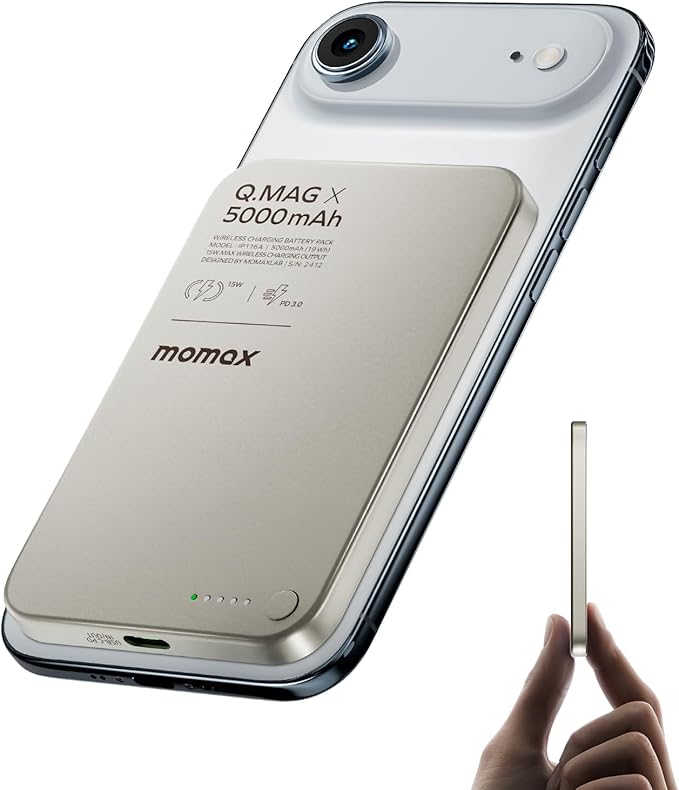 MOMAX Magnetic Wireless Power Bank 5000mAh, Ultra-Slim 0.3" MagSafe-Compatible Portable Charger, 20W USB-C PD Fast Charging, for iPhone 17/16/15/14/13/12 Series, Samsung Galaxy & Google Pixel