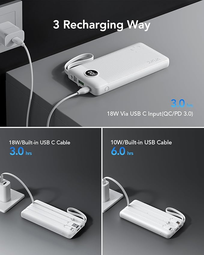 VRURC Power Bank for iPhone, 22.5W Fast Charging Phone Charge with Built-in Cables,10000mAh USB C in & Out Cord Portable Charger,Slim Lightweight Charging Bank Travel Essentail-White(1 Pack)