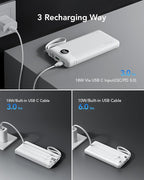 VRURC Power Bank for iPhone, 22.5W Fast Charging Phone Charge with Built-in Cables,10000mAh USB C in & Out Cord Portable Charger,Slim Lightweight Charging Bank Travel Essentail-White(1 Pack)