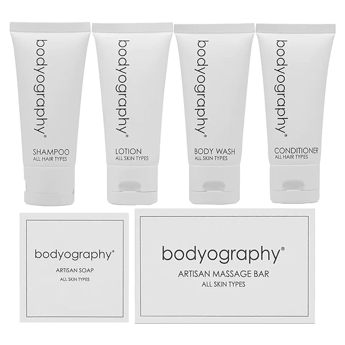 World Amenities - Bodyography Blanc Mini Travel Size Toiletries Bathroom Kit | Vanilla White Tea| Shampoo, Conditioner, Body Wash, Lotion, Artisan Soap and Massage Bar