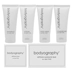 World Amenities - Bodyography Blanc Mini Travel Size Toiletries Bathroom Kit | Vanilla White Tea| Shampoo, Conditioner, Body Wash, Lotion, Artisan Soap and Massage Bar