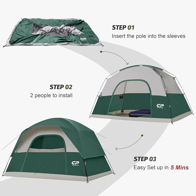 CAMPROS CP Camping Tent 2/4/6 Person, Waterproof Windproof Double Layer Dome Tent, Easy Setup with Large Mesh Windows & Wide Door for Outdoor Camping Backyard