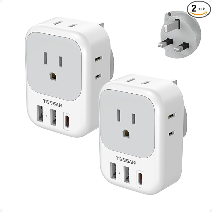 UK Adapters for Travel 2 Pack, TESSAN Type G US to UK Plug Adapter with 4 Outlets 3 USB Charger(1 USB C PD 20W), Power Adaptor for USA to Ireland Scotland Dubai Hong Kong England British Kenya London