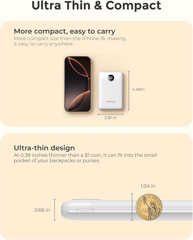 Small Portable Charger 10000mAh, Mini Power Bank with LED Display, 22.5W PD Fast Charging USB-C Battery Pack, Compact Lightweight Travel Charger Compatible with iPhone Samsung Android, White