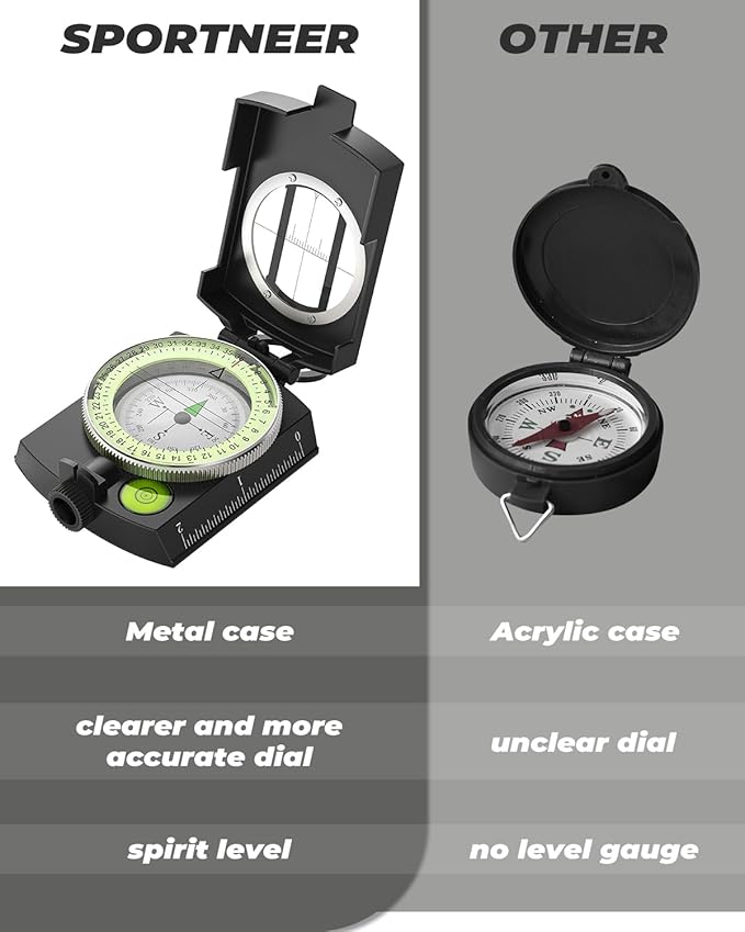 Sportneer Compass: Accurate Durable Lightweight Orienteering Compass with Strap and Carrying Case, Glow in The Dark Waterproof Hiking Essentials for Camping Backpacking, Best Survival Gifts for Kids