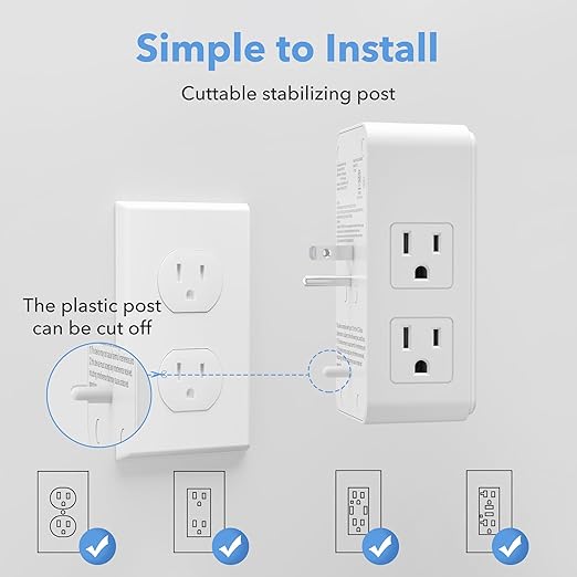 BN-LINK Multi Plug Outlet 2 Pack, 6 Wall Outlet Extender with 3 USB Charging Ports (1 USB C) Total 3.4A, 3-Sided Outlets Splitter Multiple Outlet Wall Plug for Home Office Dorm Room
