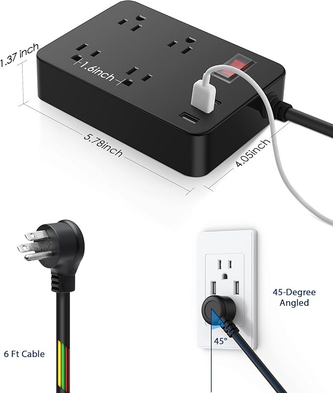 Outdoor Power Strip Weatherproof with USB C, Waterproof Surge Protector with 4 Outlets,Outdoor Electrical Outlet,Outdoor Multi Plug Outlet for Camping, Garden, Kitchen, Bathroom, 6ft Cord,Flat Plug