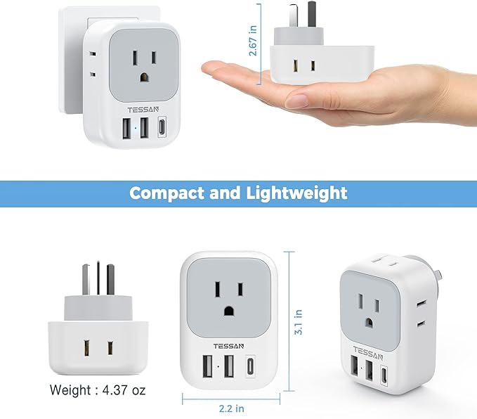 Australia Plug Adapter, TESSAN New Zealand Power Adapter with 4 Outlets 3 USB Charging Ports (1 USB C PD 20W), Type I Travel Plug for US to New Zealand China Argentina Fiji AU, 2 Pack