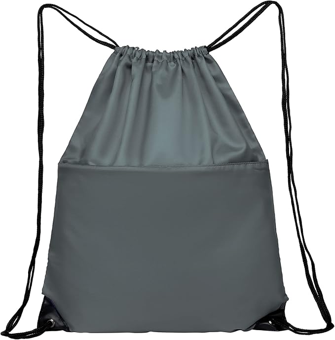 Drawstring Backpack Sports Water Resistant String Bag Sport Gym Sackpack for Women Men Large with Zipper, Grey
