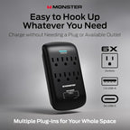 Monster 6 Outlet Wall Plug Surge Protector w/ 1,200 Joules Rating — Safe, Reliable Outlet Extender w/ 1 USB-A, 1 USB-C Charging Ports — Fireproof MOV, ETL Listed, Dual Mode Wall Tap (Black)