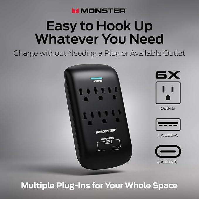 Monster 6 Outlet Wall Plug Surge Protector w/ 1,200 Joules Rating — Safe, Reliable Outlet Extender w/ 1 USB-A, 1 USB-C Charging Ports — Fireproof MOV, ETL Listed, Dual Mode Wall Tap (Black)