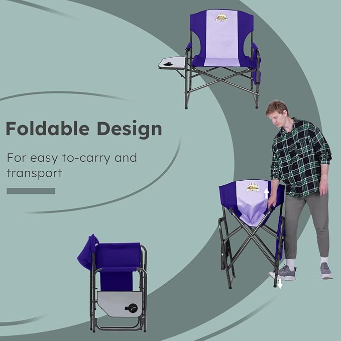 Colegence Oversized Directors Camping Chair Set of 2 Support 600 LBS, Heavy Duty Folding Outdoor Chairs with Side Pocket and Adjustable Side Table for Outside Beach,Lawn,Fishing, Deep Purple