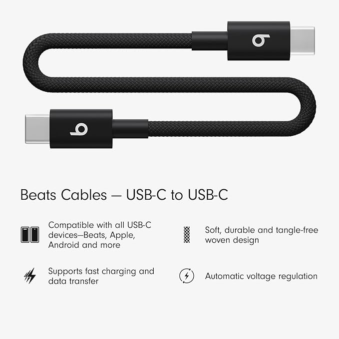 Beats USB-C to USB-C Woven Short Cable Fast Charging Durable/Tangle-Free Compatible Charger for Apple & Android Devices (8 in, 20 cm) - Bolt Black