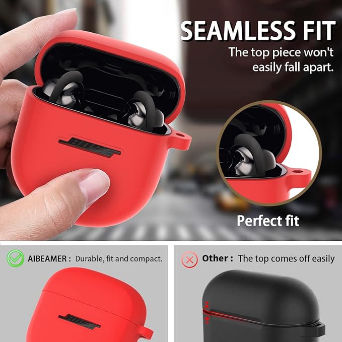 Silicone Case for Bose QuietComfort Earbuds II (2022) & QuietComfort Ultra (2023), Shockproof Protective Cover With Keychain for Men Women (Red)